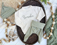 Load image into Gallery viewer, Personalized Baby Name Sweatshirt Set | Oatmeal Pullover Sage Green Pants