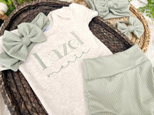 Load image into Gallery viewer, Personalized Baby Girl Outfit | Oatmeal Beige Bodysuit Sage Green Baby Name