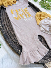 Load image into Gallery viewer, Personalized Baby Girl Outfit | Mocha Brown Flutter Sleeve Ruffle Romper Floral Blue Baby Name