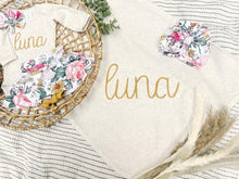 Load image into Gallery viewer, Personalized Baby Girl Outfit | Oatmeal Beige Bodysuit Chunky Yellow Baby Name
