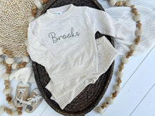 Load image into Gallery viewer, Personalized Baby Name Sweatshirt Set | Oatmeal Pullover Sage Green