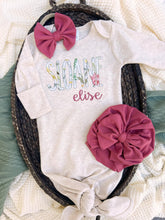 Load image into Gallery viewer, Personalized Baby Girl Outfit | Oatmeal Knotted Gown Floral Pink Green