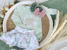 Load image into Gallery viewer, Personalized Baby Girl Outfit | Sage Green Bodysuit Small Flowers Skirt Pink Baby Name