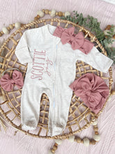 Load image into Gallery viewer, Personalized Baby Girl Newborn Outfit | Oatmeal Zip Romper Custom Color Baby Name