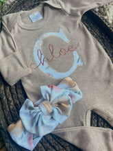 Load image into Gallery viewer, Personalized Baby Girl Outfit | Mocha Brown Romper Floral Initial