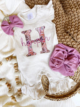 Load image into Gallery viewer, Personalized Baby Girl Outfit | Oatmeal Flutter Sleeve Ruffle Romper Floral Pink Baby Initials
