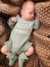 Load image into Gallery viewer, Personalized Baby Boy Outfit | Sweater Bubble Romper Beige Sage Navy Blue Baby Name