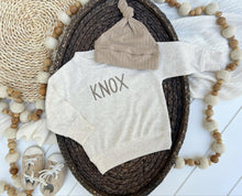 Load image into Gallery viewer, Personalized Baby Name Sweatshirt Set | Oatmeal Pullover Taupe Pants