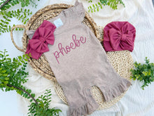 Load image into Gallery viewer, Personalized Baby Girl Outfit | Mocha Flutter Romper Deep Pink Baby Name