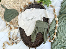 Load image into Gallery viewer, Personalized Baby Name Sweatshirt Set | Oatmeal Pullover Sage Green Pants