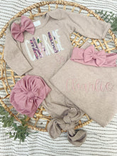 Load image into Gallery viewer, Personalized Baby Girl Outfit | Mocha Brown Baby Tie Gown Purple Pink Baby Name