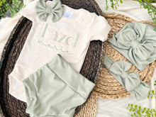 Load image into Gallery viewer, Personalized Baby Girl Outfit | Oatmeal Beige Bodysuit Sage Green Baby Name