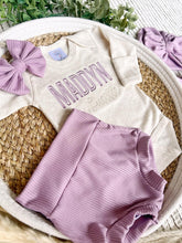 Load image into Gallery viewer, Personalized Baby Girl Outfit | Oatmeal Beige Bodysuit Soft Purple Beige Baby Name