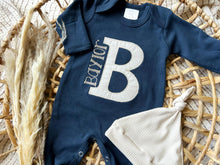 Load image into Gallery viewer, Personalized Baby Girl Outfit | Navy Romper - Speckled Polka Dot Oatmeal Beige Initial Baby Name