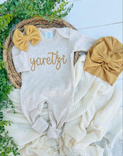 Load image into Gallery viewer, Personalized Baby Girl Outfit | Oatmeal Beige Romper Golden Yellow Chunky Chain Stitch Baby Name