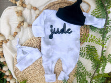 Load image into Gallery viewer, Personalized Newborn Baby Boy Outfit | Mist Smoke Gray Romper Rust Felt Baby Name