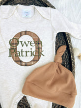 Load image into Gallery viewer, Personalized Baby Boy Name Outfit | Oatmeal Romper Brown Green Plaid Initial Baby Name