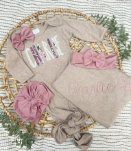 Load image into Gallery viewer, Personalized Baby Girl Outfit | Mocha Brown Baby Tie Gown Purple Pink Baby Name