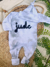 Load image into Gallery viewer, Personalized Newborn Baby Boy Outfit | Mist Smoke Gray Romper Rust Felt Baby Name