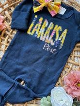 Load image into Gallery viewer, Personalized Baby Girl Outfit | Navy Romper Yellow Floral Purple Pink Baby Name
