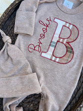 Load image into Gallery viewer, Personalized Baby Boy Name Outfit | Mocha Brown Romper Red Plaid Initial