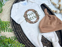 Load image into Gallery viewer, Personalized Baby Boy Name Outfit | Oatmeal Romper Brown Green Plaid Initial Baby Name