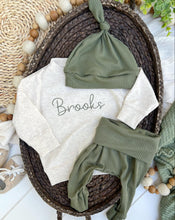 Load image into Gallery viewer, Personalized Baby Name Sweatshirt Set | Oatmeal Pullover Sage Green Pants