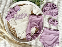 Load image into Gallery viewer, Personalized Baby Girl Outfit | Oatmeal Beige Bodysuit Soft Purple Beige Baby Name