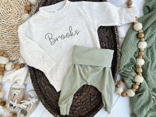 Load image into Gallery viewer, Personalized Baby Name Sweatshirt Set | Oatmeal Pullover Sage Green Pants