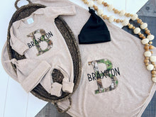 Load image into Gallery viewer, Personalized Baby Boy Name Outfit | Mocha Brown Romper Camo Initial