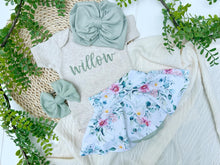 Load image into Gallery viewer, Personalized Baby Girl Outfit | Oatmeal Beige Bodysuit Sage Green Floral Baby Name