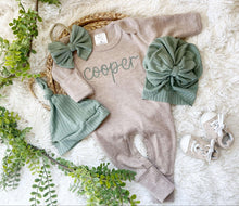 Load image into Gallery viewer, Personalized Newborn Baby Boy Outfit | Mocha Romper Dark Sage Green Chunky Chain