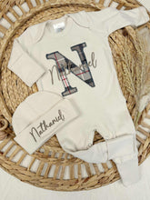 Load image into Gallery viewer, Personalized Baby Boy Newborn Outfit | Natural Oatmeal Romper Plaid Baby Name