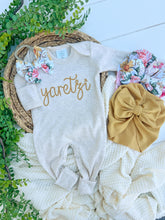 Load image into Gallery viewer, Personalized Baby Girl Outfit | Oatmeal Beige Romper Golden Yellow Chunky Chain Stitch Baby Name