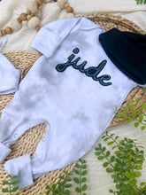 Load image into Gallery viewer, Personalized Newborn Baby Boy Outfit | Mist Smoke Gray Romper Rust Felt Baby Name