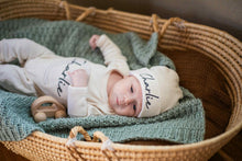 Load image into Gallery viewer, Personalized Baby Boy Outfit | Natural Cotton Romper Beige Stripe Initial Baby Name