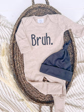 Load image into Gallery viewer, Baby Outfit | Mocha Brown Romper Black Embroidered Bruh.