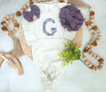 Load image into Gallery viewer, Personalized Baby Girl Outfit | Oatmeal Beige Romper Purple Floral Letter