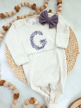 Load image into Gallery viewer, Personalized Baby Girl Outfit | Oatmeal Beige Romper Purple Floral Letter