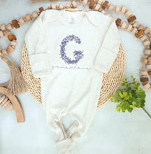 Load image into Gallery viewer, Personalized Baby Girl Outfit | Oatmeal Beige Romper Purple Floral Letter
