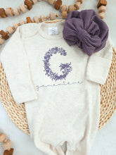 Load image into Gallery viewer, Personalized Baby Girl Outfit | Oatmeal Beige Romper Purple Floral Letter