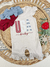 Load image into Gallery viewer, Baby Girl Outfit USA Baby - Oatmeal Flutter Sleeve Ruffle Romper