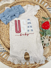 Load image into Gallery viewer, Baby Girl Outfit USA Baby - Oatmeal Flutter Sleeve Ruffle Romper