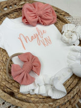 Load image into Gallery viewer, Personalized Baby Girl Newborn Outfit - White Ruffle Sweater Romper Custom Color Baby Name