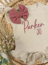 Load image into Gallery viewer, Personalized Baby Girl Newborn Outfit | Oatmeal Ruffle Sweater Romper Custom Color Baby Name