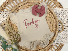 Load image into Gallery viewer, Personalized Baby Girl Newborn Outfit | Oatmeal Ruffle Sweater Romper Custom Color Baby Name
