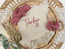 Load image into Gallery viewer, Personalized Baby Girl Newborn Outfit | Oatmeal Ruffle Sweater Romper Custom Color Baby Name