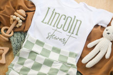 Load image into Gallery viewer, Personalized Baby Boy Outfit | White Bodysuit Green Checker Custom Name