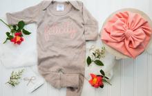 Load image into Gallery viewer, Personalized Baby Girl Outfit | Mocha Brown Romper Coral Pink Chunky Chain Custom Baby Name