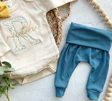 Load image into Gallery viewer, Personalized Baby Girl Outfit | Blue White Floral Initial Golden Yellow Baby Name